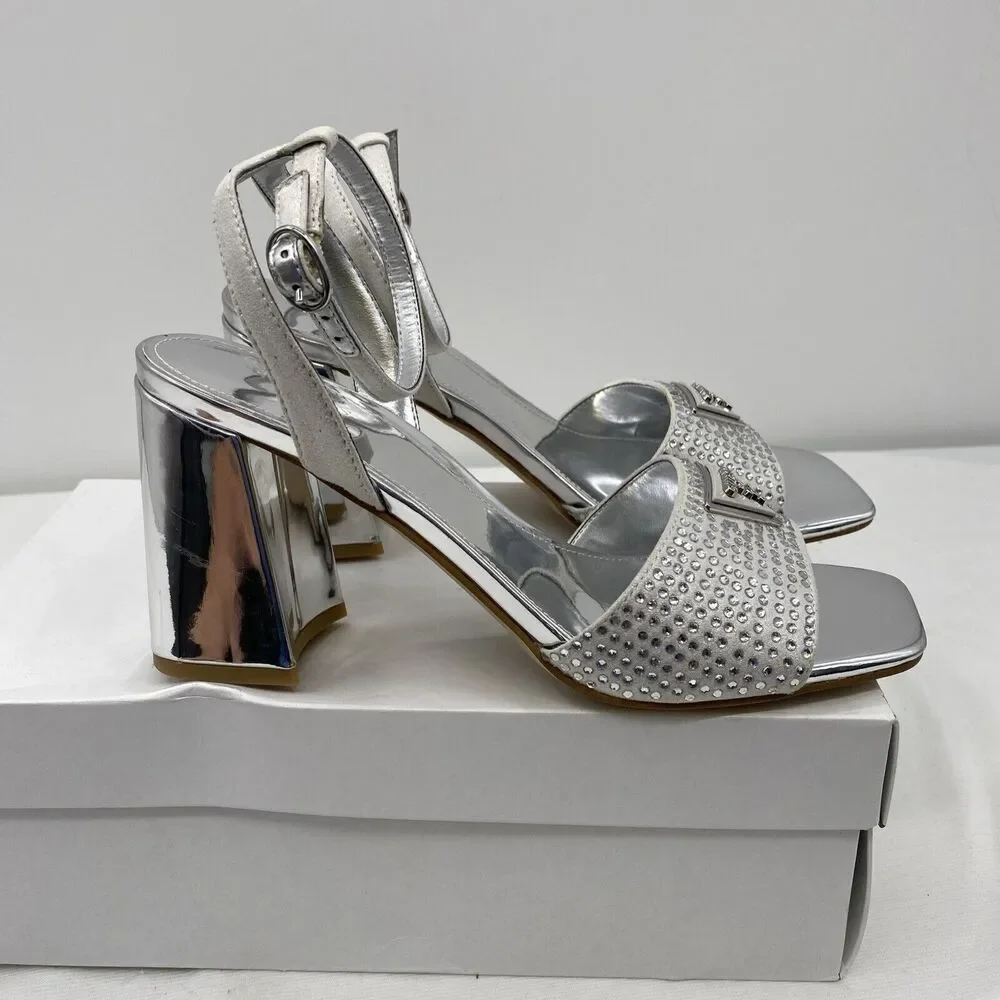 Guess Womens Gelya Silver Ankle Strap Dressy Heels 6 Medium (B,M)